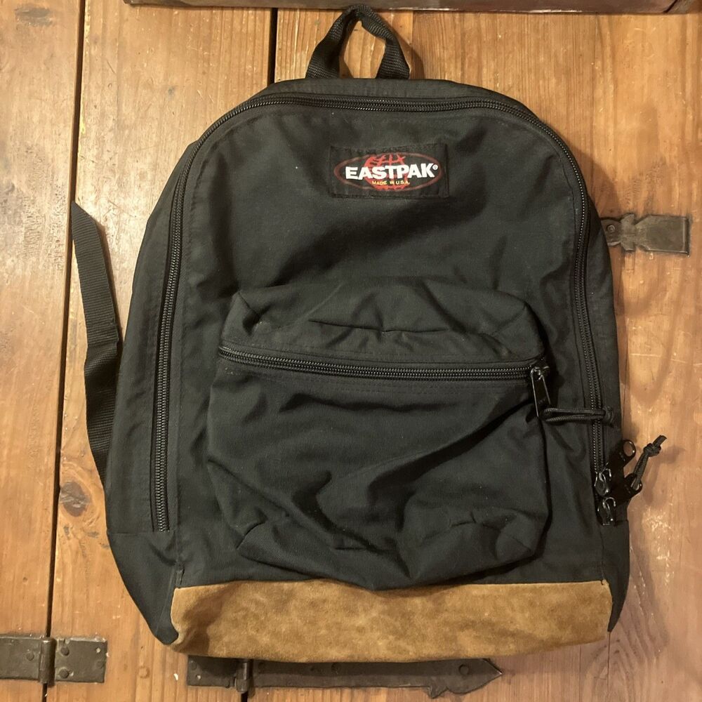 Vintage EastPak Backpack Black Suede Leather Bottom Book Bag USA Made 90s Y2K